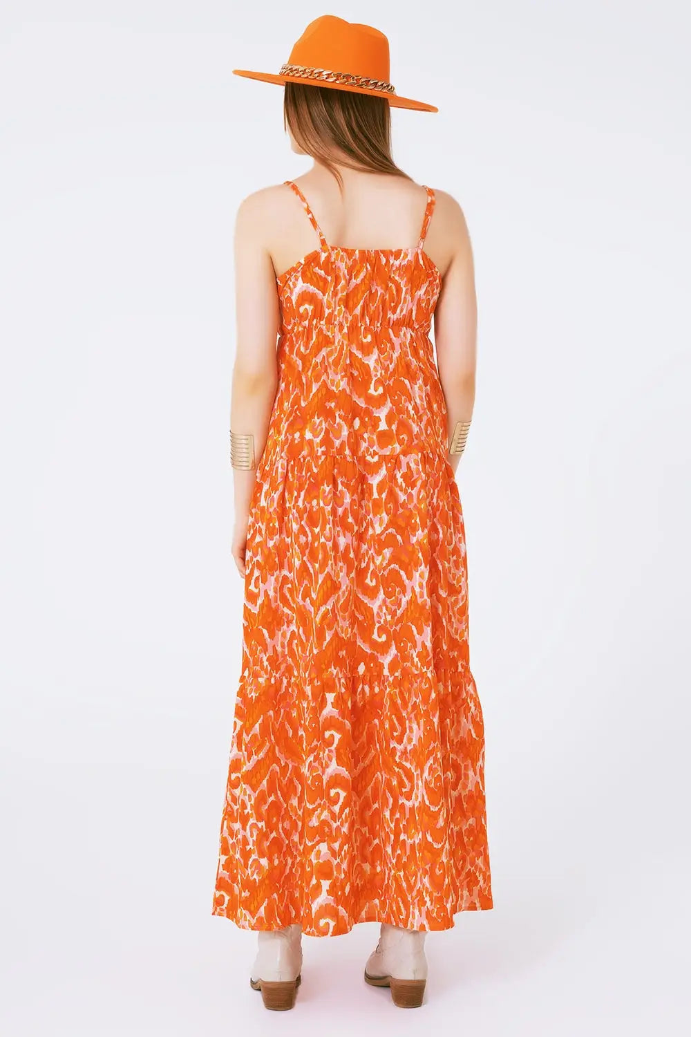Floral Print Maxi Dress with V neck in orange - Dresses
