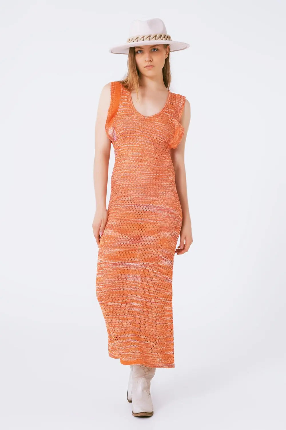 Knitted Long Dress With Chest Ruffle in Melange Orange - ORANGE / ONE - Dresses