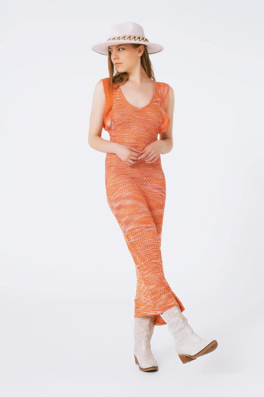 Knitted Long Dress With Chest Ruffle in Melange Orange - ORANGE / ONE - Dresses