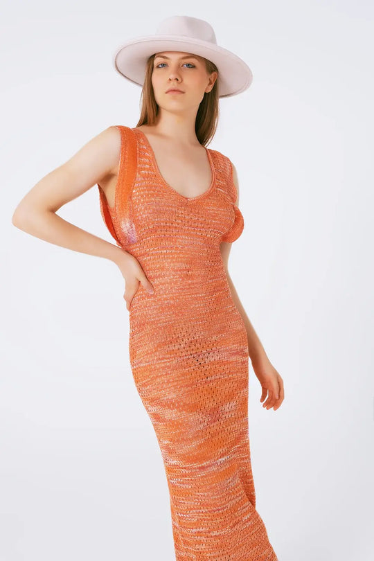 Knitted Long Dress With Chest Ruffle in Melange Orange - ORANGE / ONE - Dresses