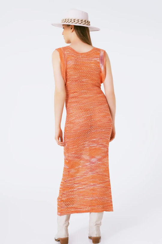 Knitted Long Dress With Chest Ruffle in Melange Orange - ORANGE / ONE - Dresses