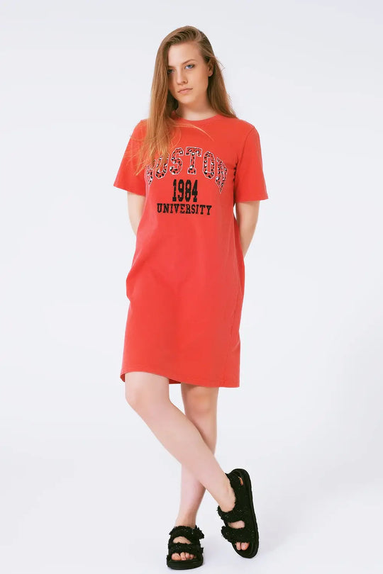 Red Midi T-Shirt Dress Boston 1984 University - ORANGE / ONE - Dresses T-Shirts