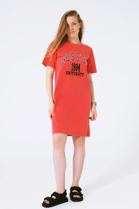 Red Midi T-Shirt Dress Boston 1984 University - ORANGE / ONE - Dresses T-Shirts