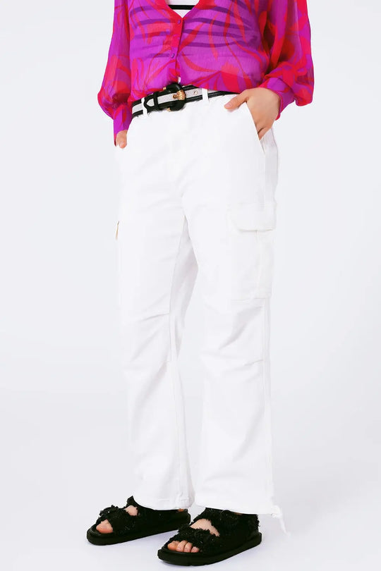 Straight Leg Cargo Pants in White - Colored Jeans