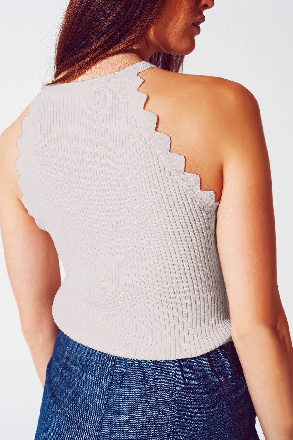 Ribbed Halter Top With Scalloped Finish in beige - BEIGE / ONE - Tops