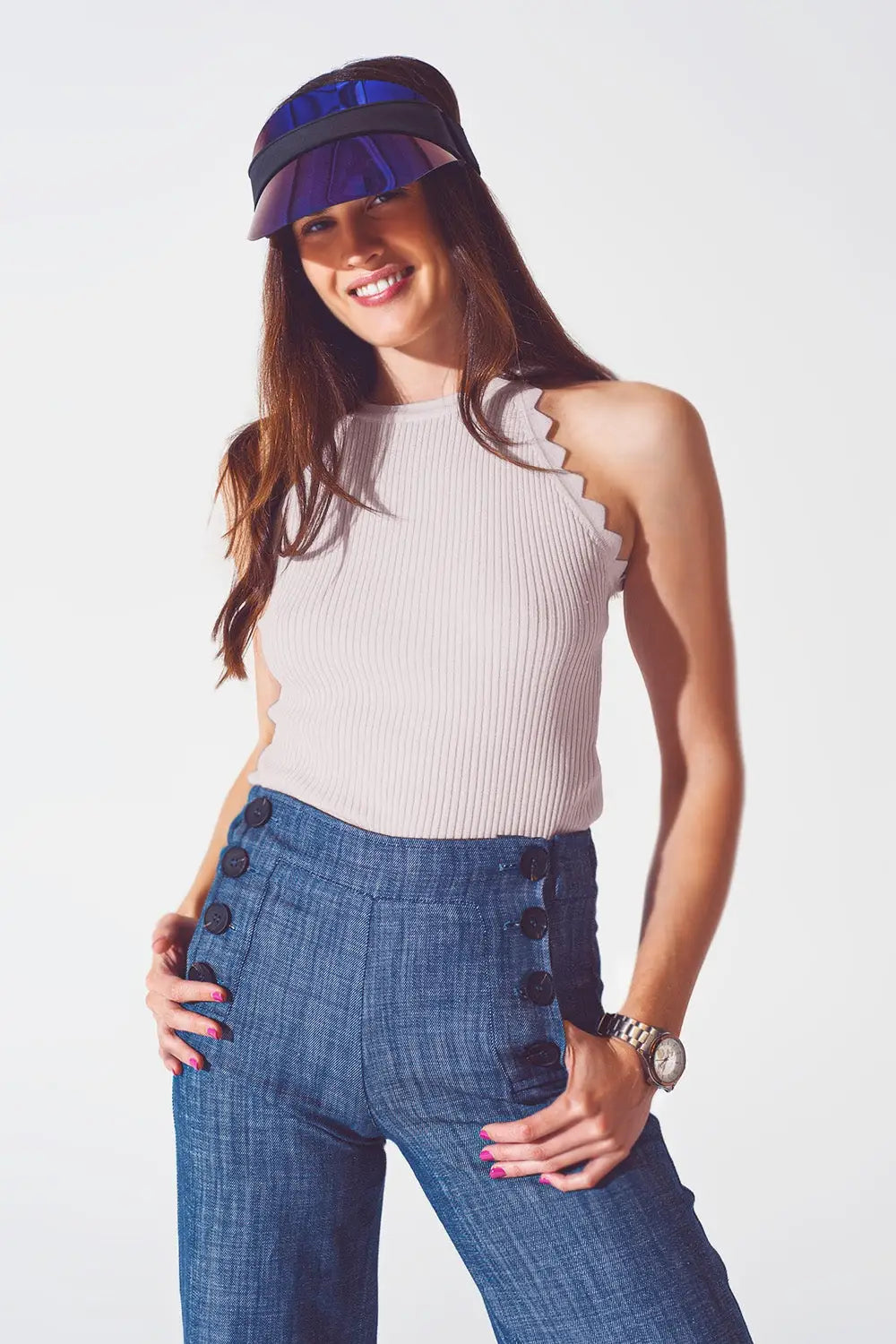 Ribbed Halter Top With Scalloped Finish in beige - BEIGE / ONE - Tops