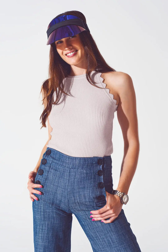 Ribbed Halter Top With Scalloped Finish in beige - BEIGE / ONE - Tops