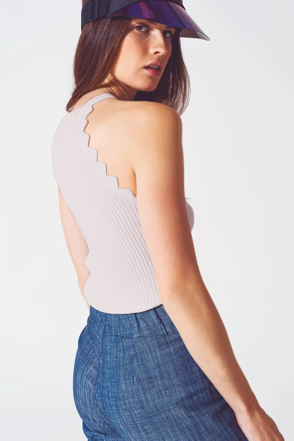 Ribbed Halter Top With Scalloped Finish in beige - BEIGE / ONE - Tops