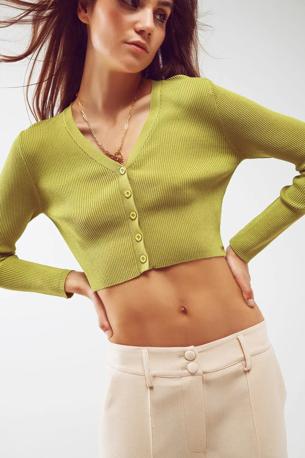 Knitted Cropped Cardigan in Green - Cardigans