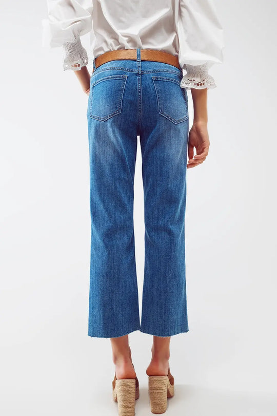 Mid Wash Straight Jeans With Raw Hem in Blue