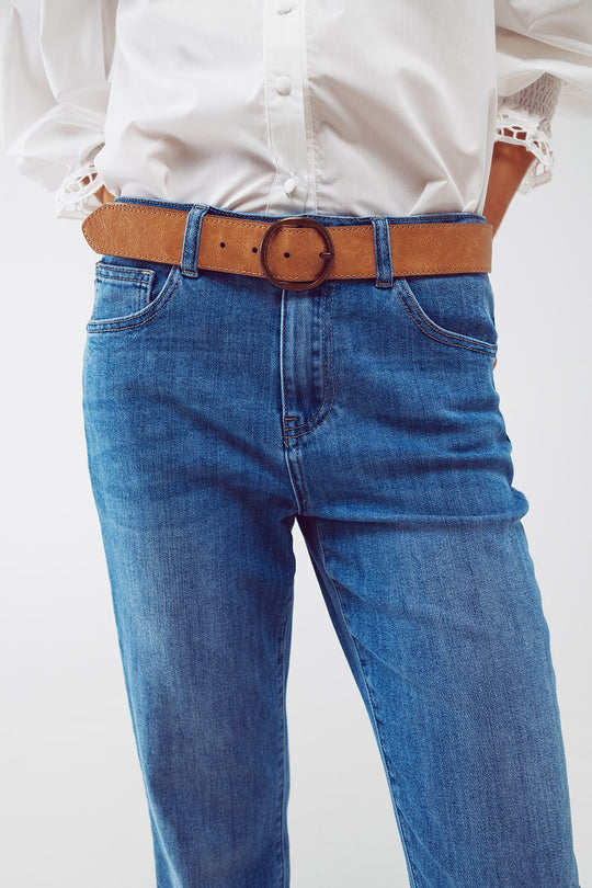 Mid Wash Straight Jeans With Raw Hem in Blue