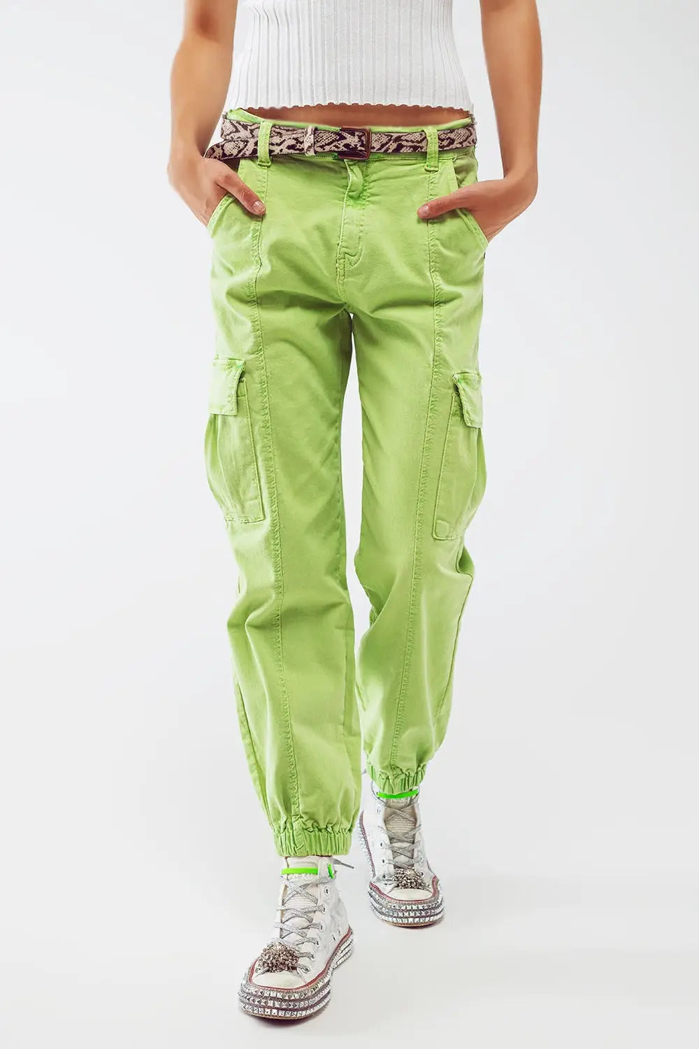mint green cargo pants with elasticated waist and hem - Colored Jeans