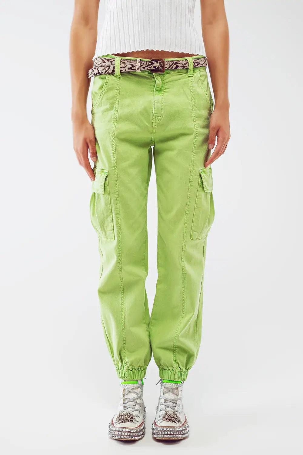 mint green cargo pants with elasticated waist and hem - Colored Jeans