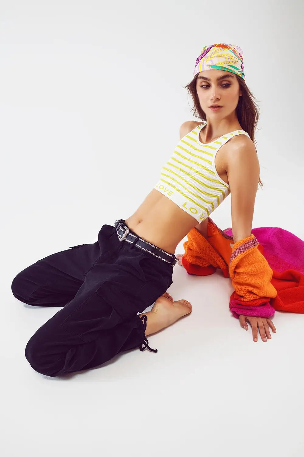 Striped Cropped Top with Love Text in Lime Green - GREEN / ONE - Tops