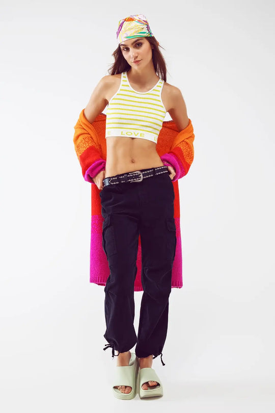 Striped Cropped Top with Love Text in Lime Green - GREEN / ONE - Tops