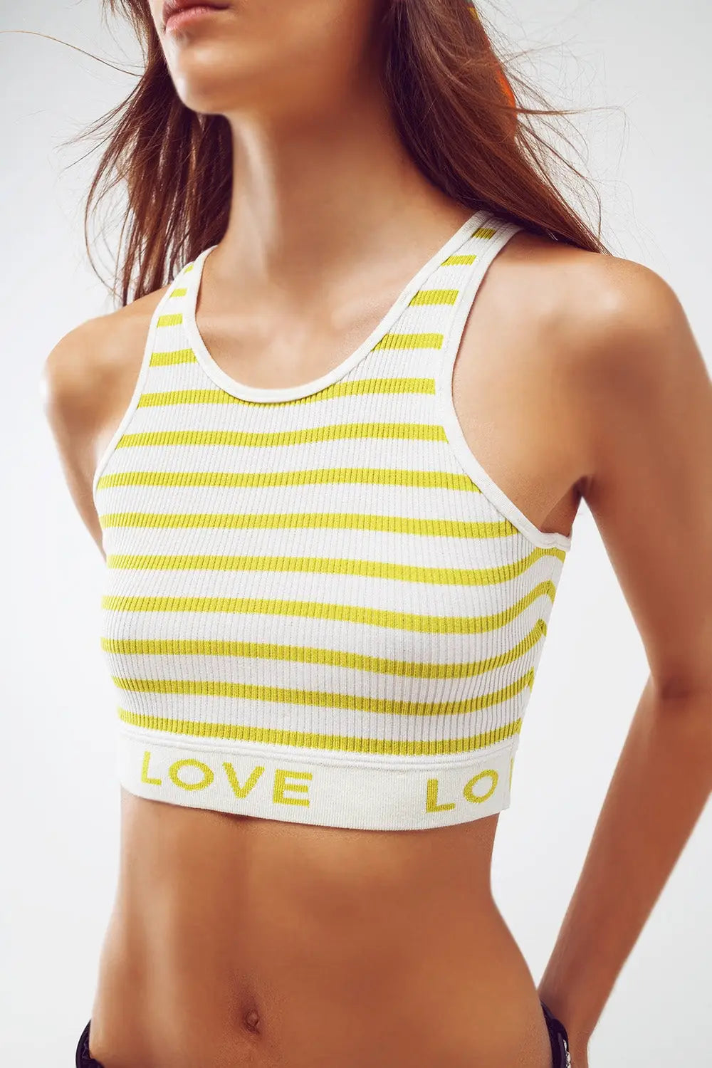 Striped Cropped Top with Love Text in Lime Green - GREEN / ONE - Tops