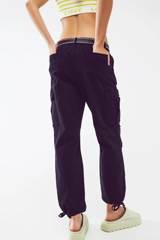 Cargo Pants with Tassel ends in black - Colored Jeans