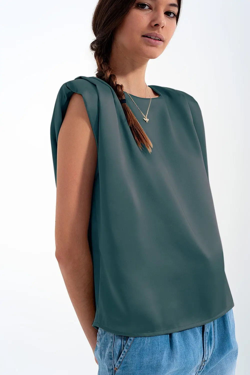 Gathered satin shoulder pad sleeveless top in green - Tops