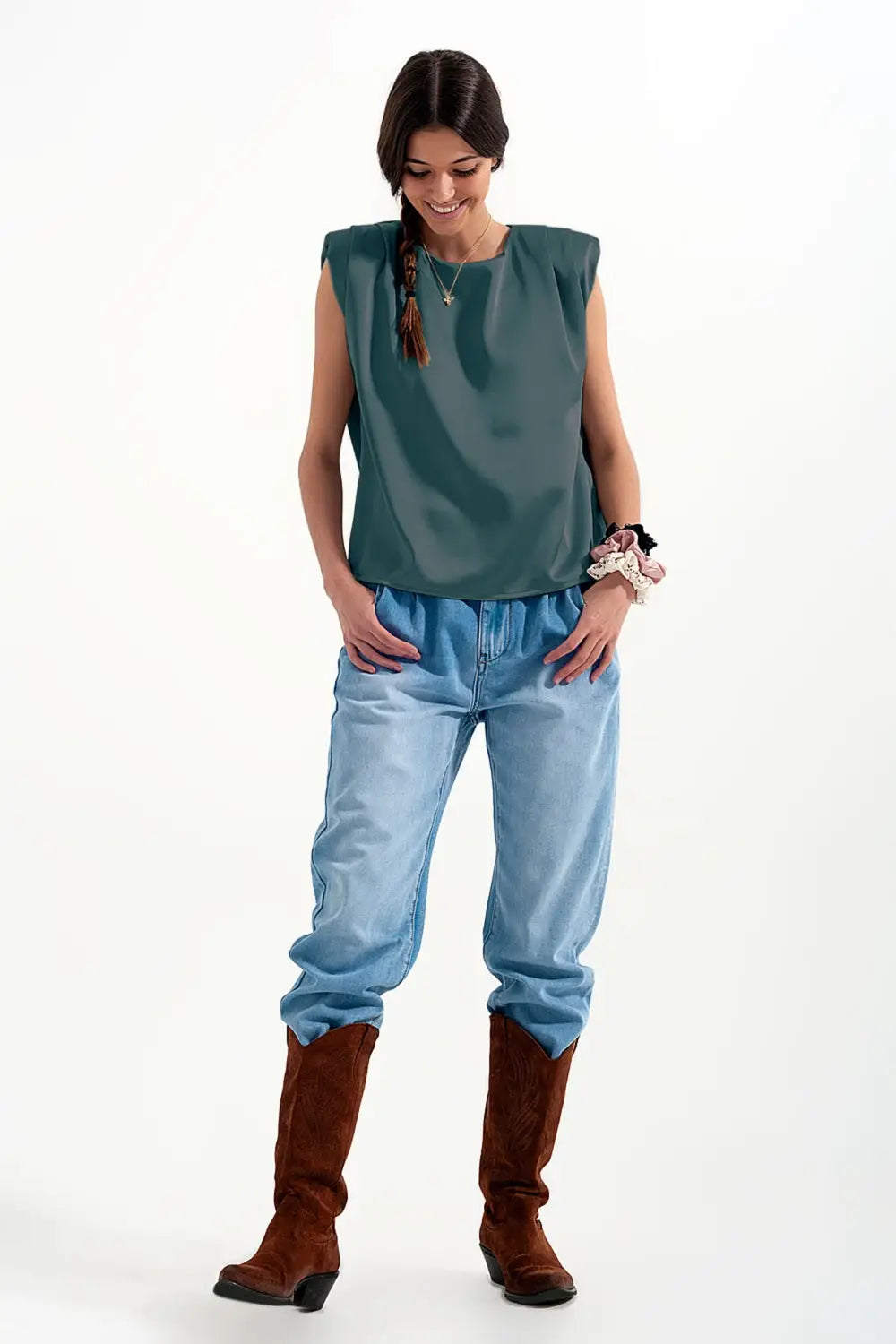 Gathered satin shoulder pad sleeveless top in green - Tops