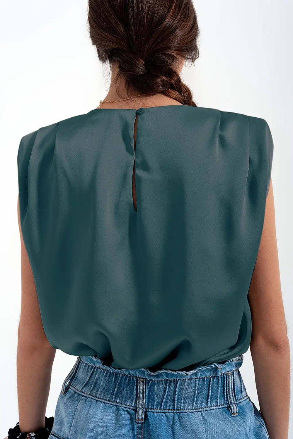 Gathered satin shoulder pad sleeveless top in green - Tops