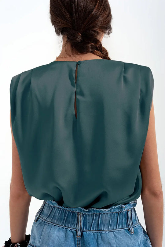 Gathered satin shoulder pad sleeveless top in green - Tops
