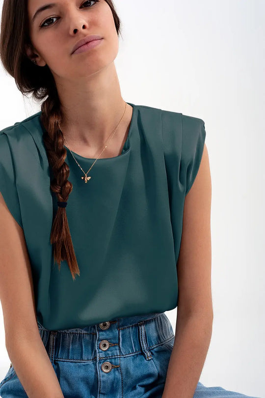 Gathered satin shoulder pad sleeveless top in green - Tops
