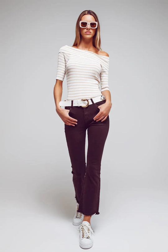 Boatneck Striped 3/4 Sleeve Shirt in Beige - Tops Sweaters