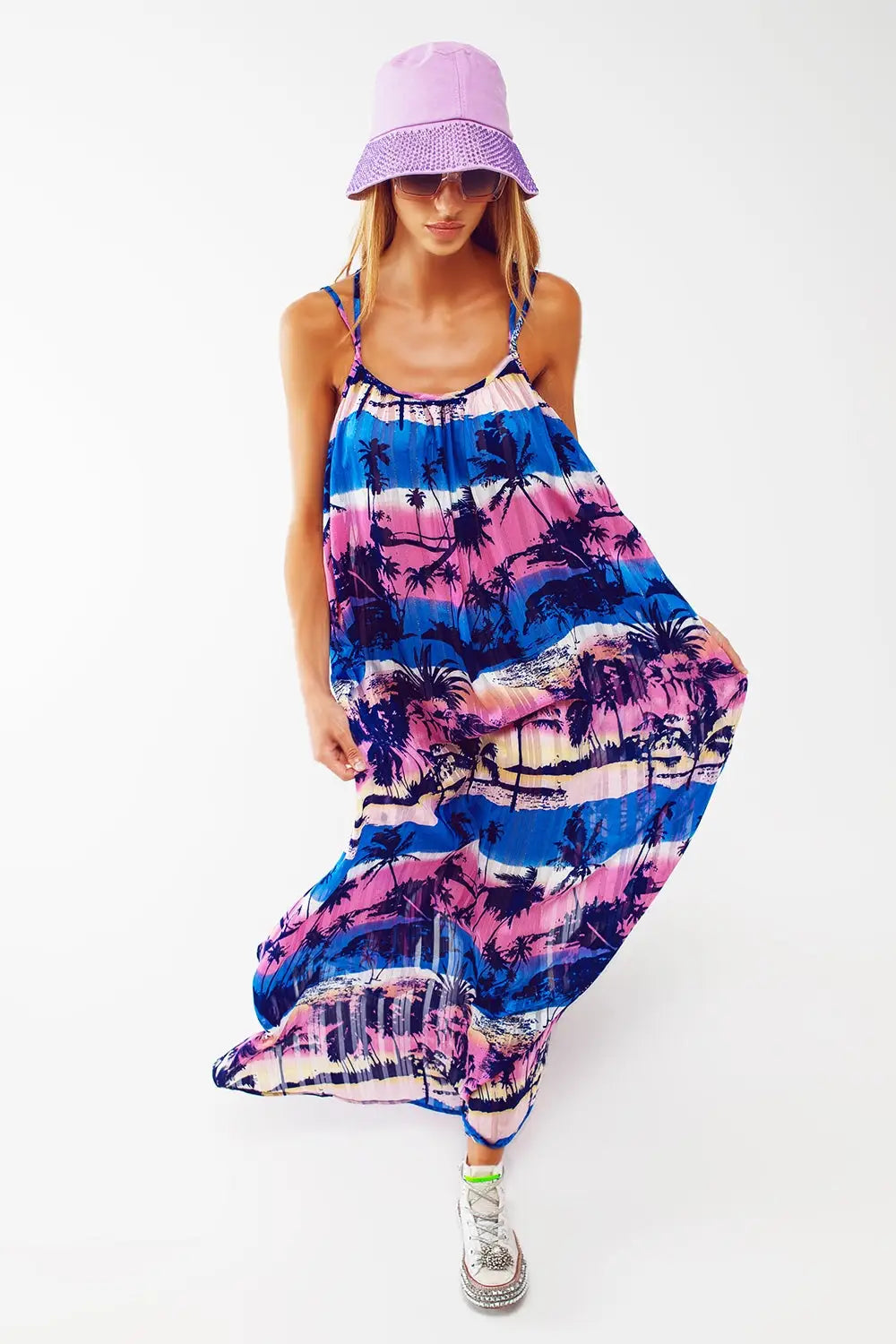 Relaxed Open Back Maxi Dress In Tropical Blue Print - Dresses