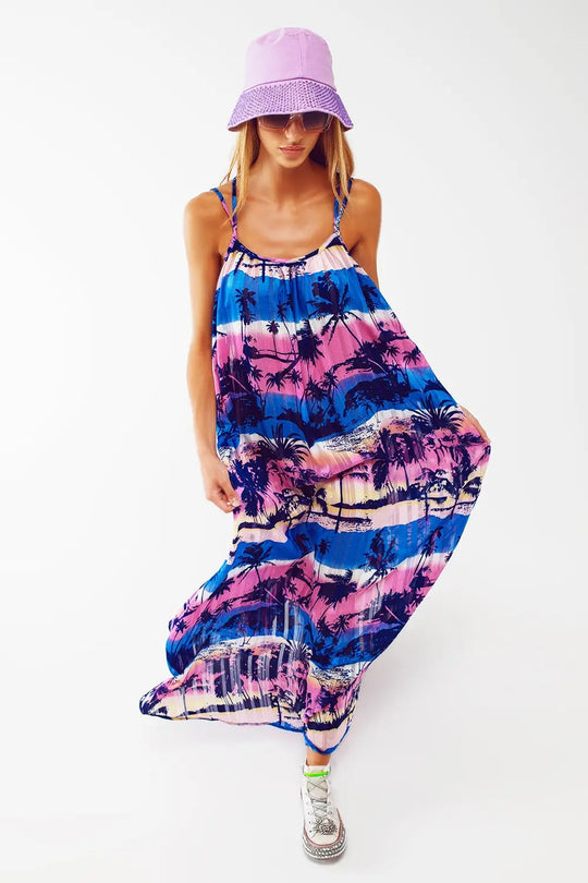 Relaxed Open Back Maxi Dress In Tropical Blue Print - Dresses