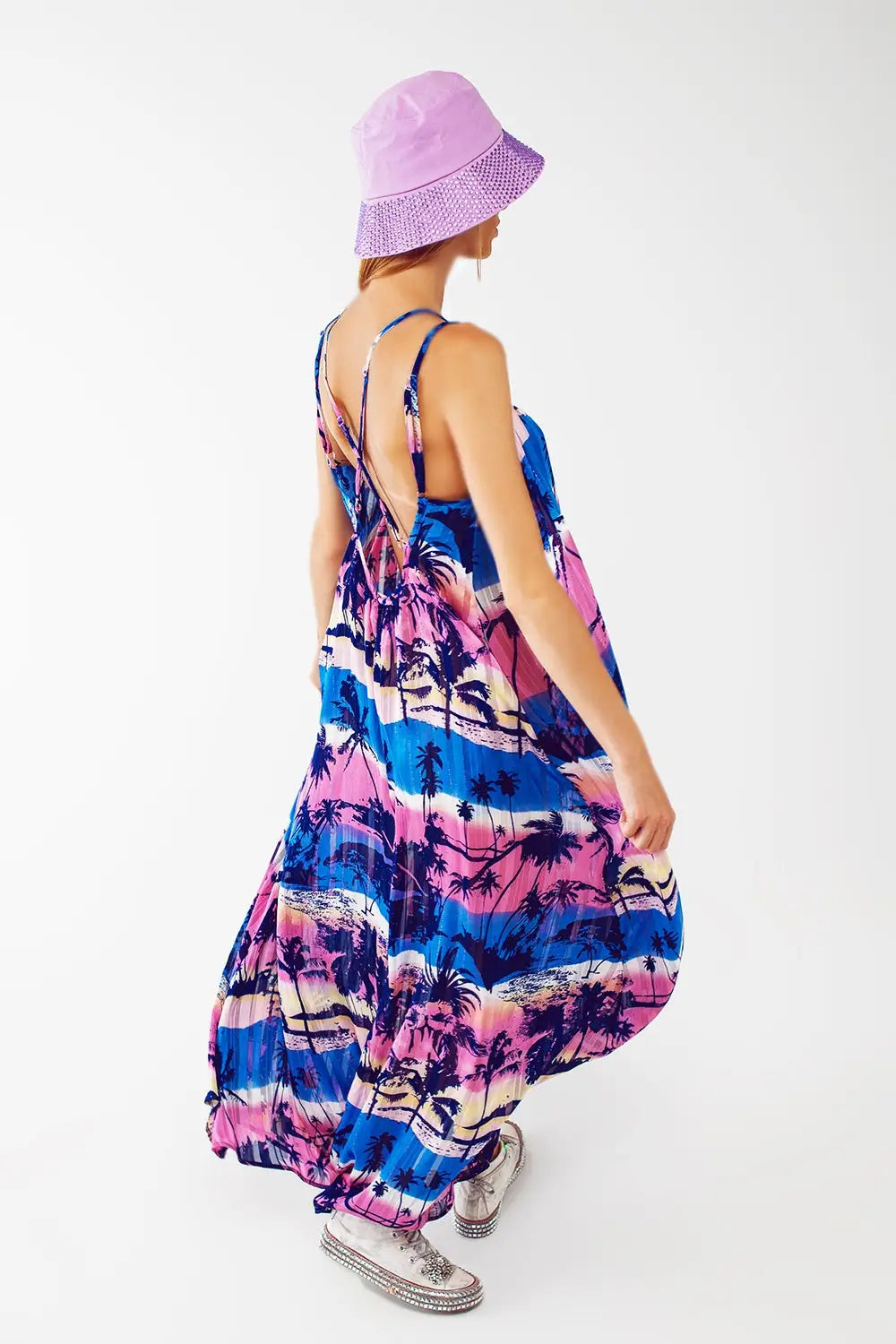 Relaxed Open Back Maxi Dress In Tropical Blue Print - Dresses