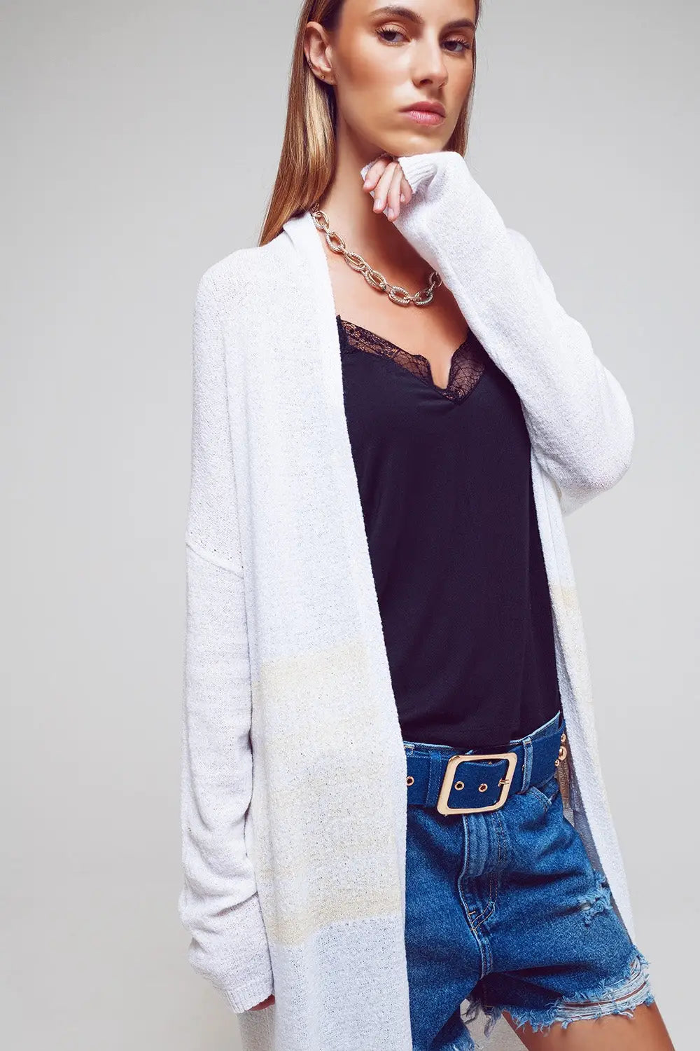 Midi Colourblock Cardigan in White - CREAM / ONE - Cardigans