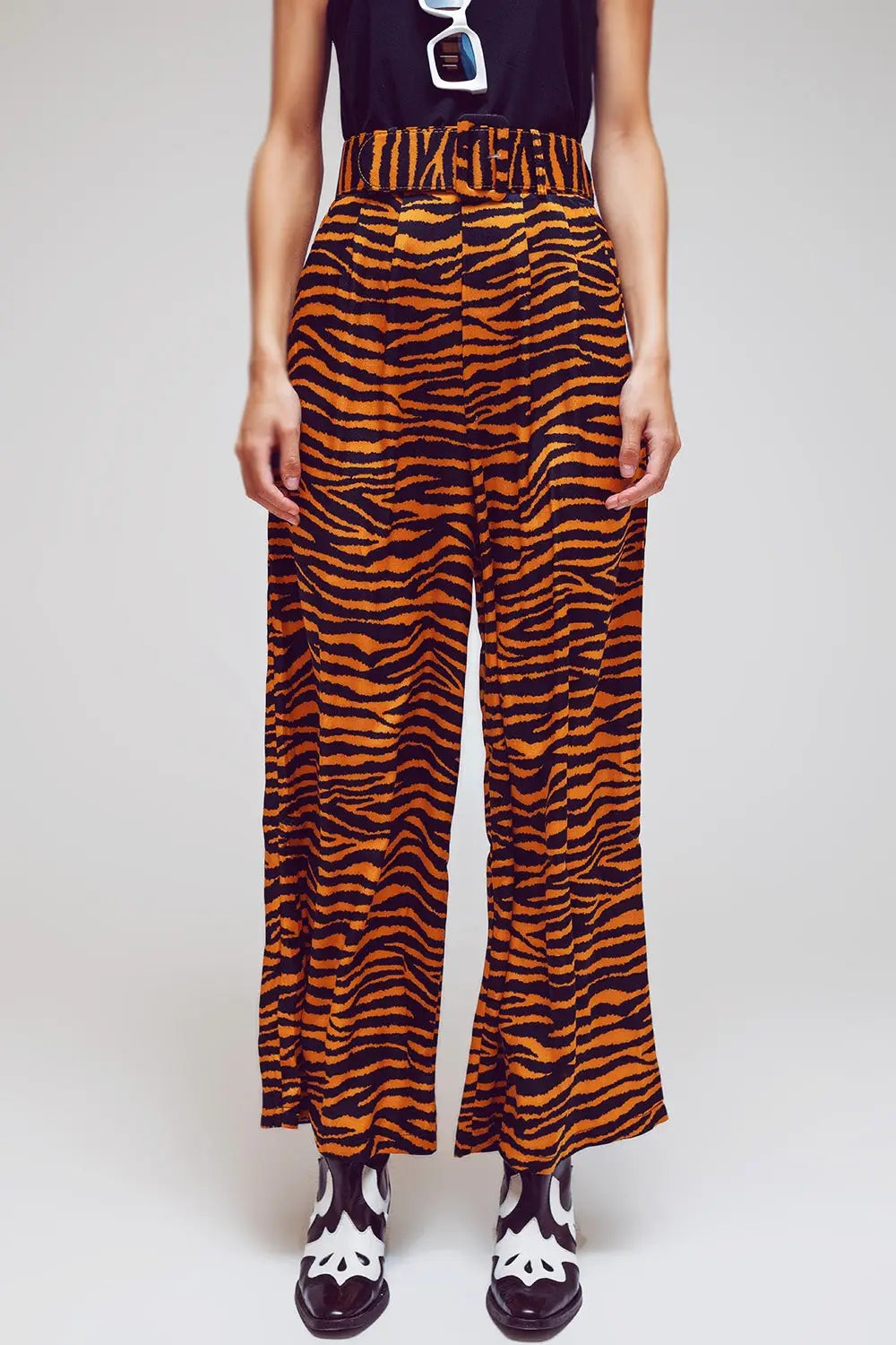 Animal Print Straight Leg Pants With Wide Buckle Belt - Pants