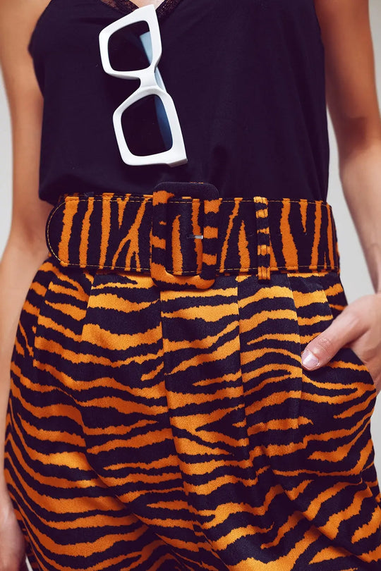 Animal Print Straight Leg Pants With Wide Buckle Belt - Pants