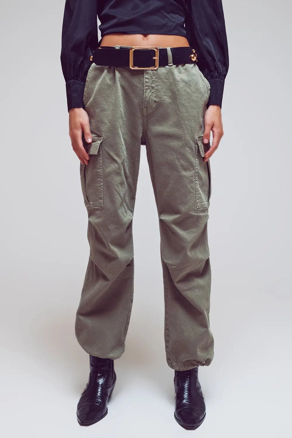 Cargo Pants with Tassel ends in Military Green - Colored Jeans