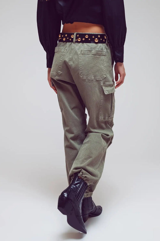 Cargo Pants with Tassel ends in Military Green - Colored Jeans