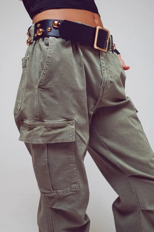 Cargo Pants with Tassel ends in Military Green - Colored Jeans