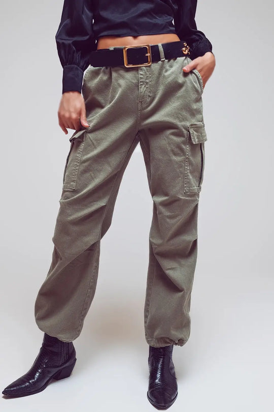 Cargo Pants with Tassel ends in Military Green - Colored Jeans