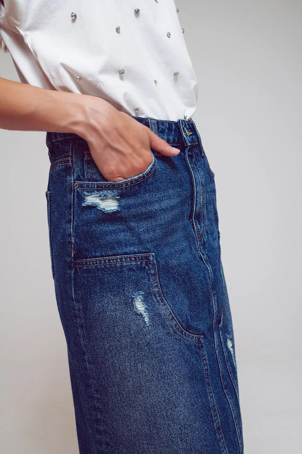 Maxi Pencil Denim Skirt With Panel Details In The Front - Skirts