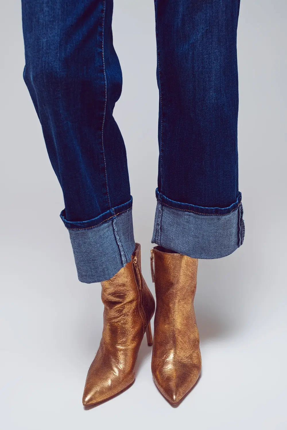 Straight Jeans with Folded Hem in Mid Blue Wash