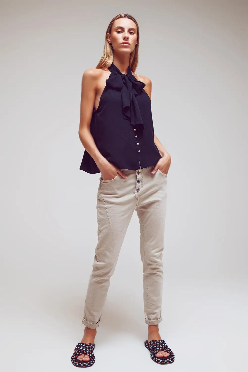 Exposed buttons skinny jeans in beige - Colored Jeans