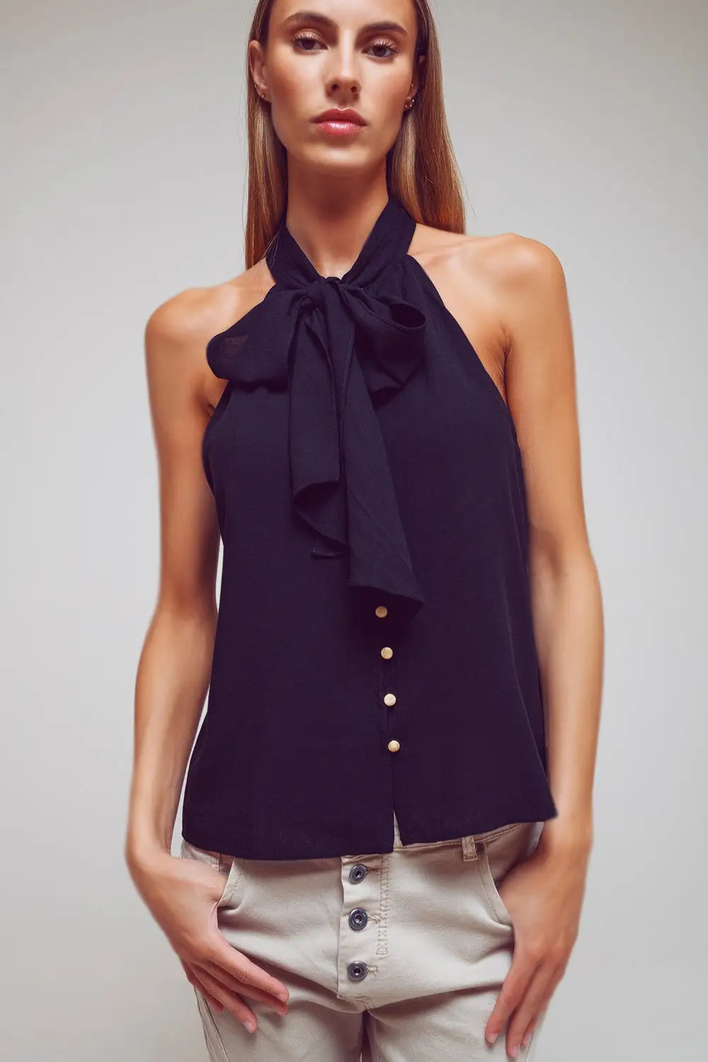 Halter Top With Tie Neck in Black - Shirts Tops