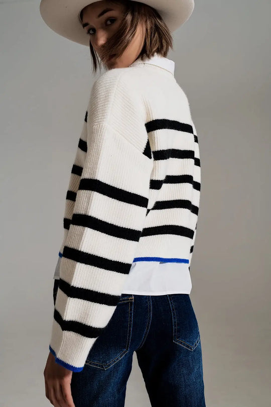 black striped jumper with blue stripe detail on the bottom - Sweaters