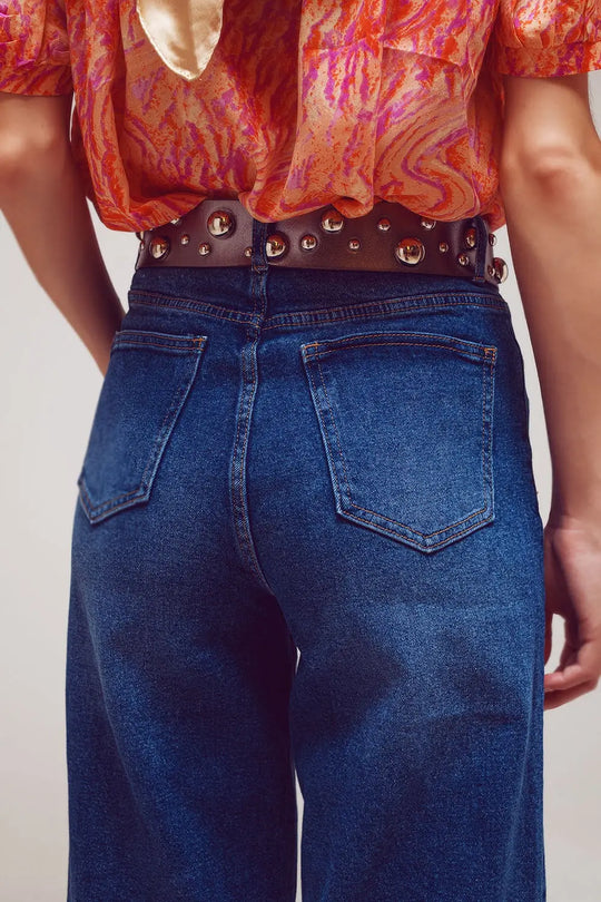 Wide Leg Jeans With Hem Detail in Mid Wash
