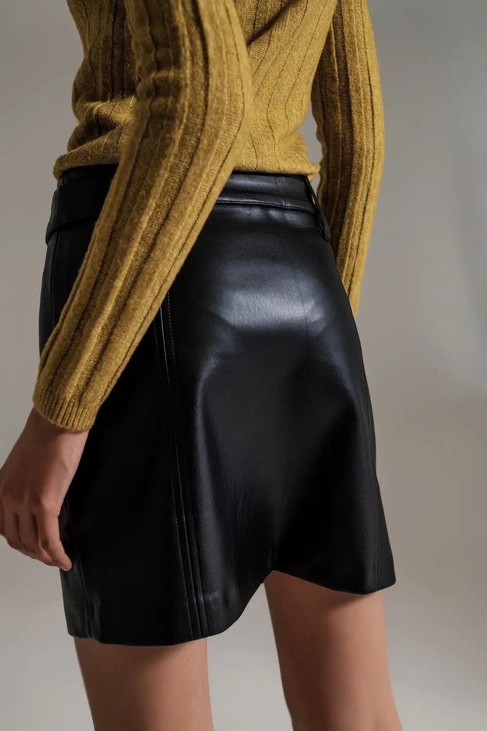 Black Straight faux leather mini skirt with belt - Skirts