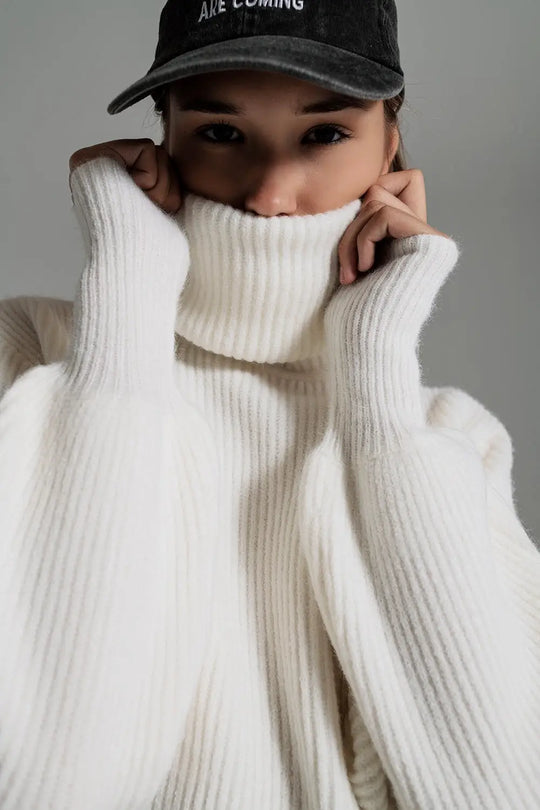 Cream ribbed knit turtleneck jumper with balloon sleeves - Sweaters