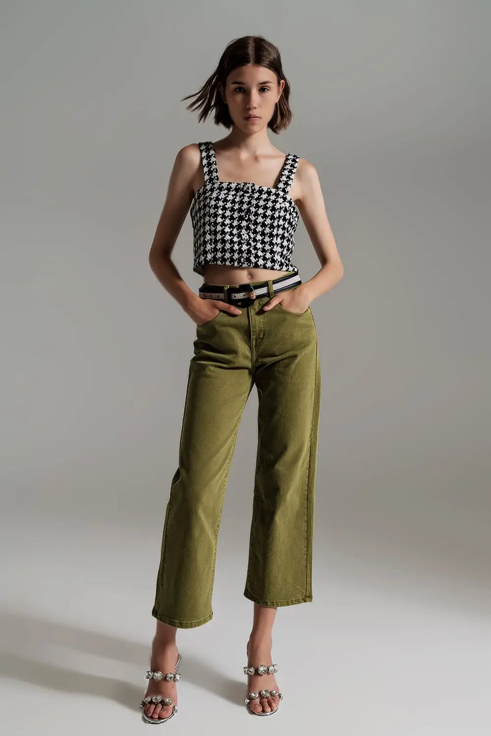 Cropped wide leg jeans in Olive green - Colored Jeans
