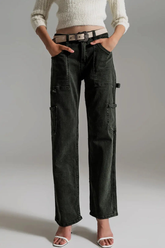 Straight Leg Cargo Pants in dark green - Colored Jeans