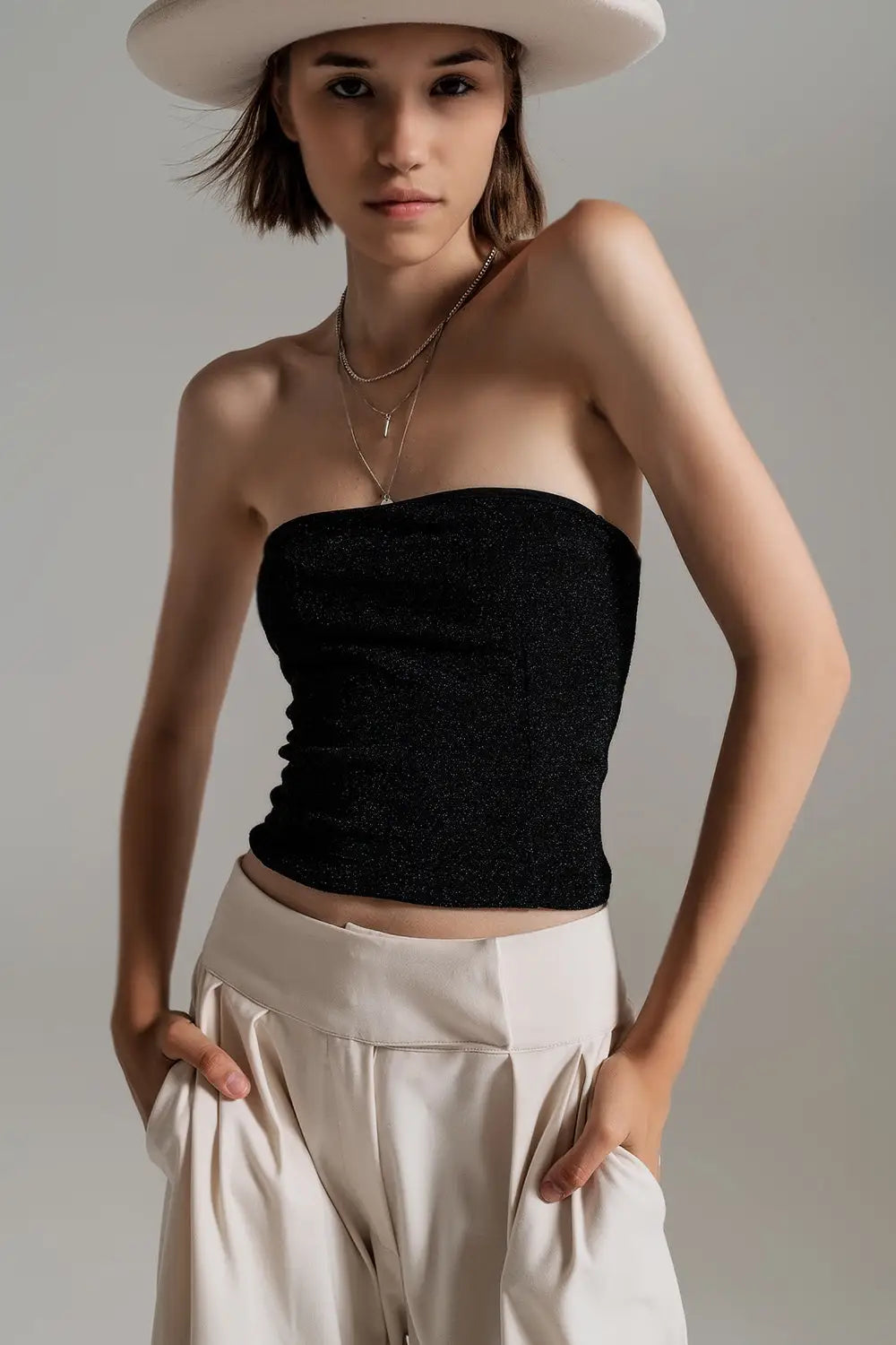 Strapless Shiny Tube Top In Black - Tops