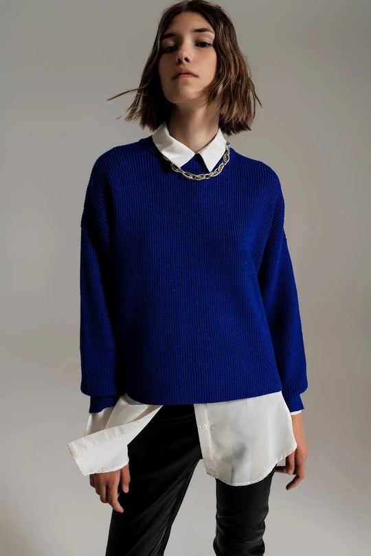 Blue chunky knitted relaxed Jumper - Sweaters