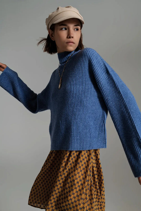 Blue soft ribbed turtleneck jumper - Sweaters